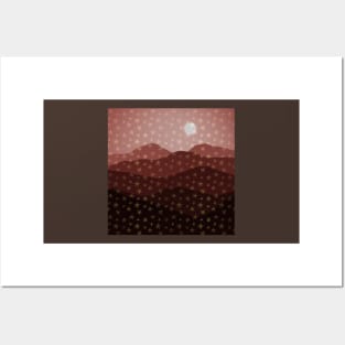 Brown Earthy Starry Mountains and Moon Abstract Posters and Art